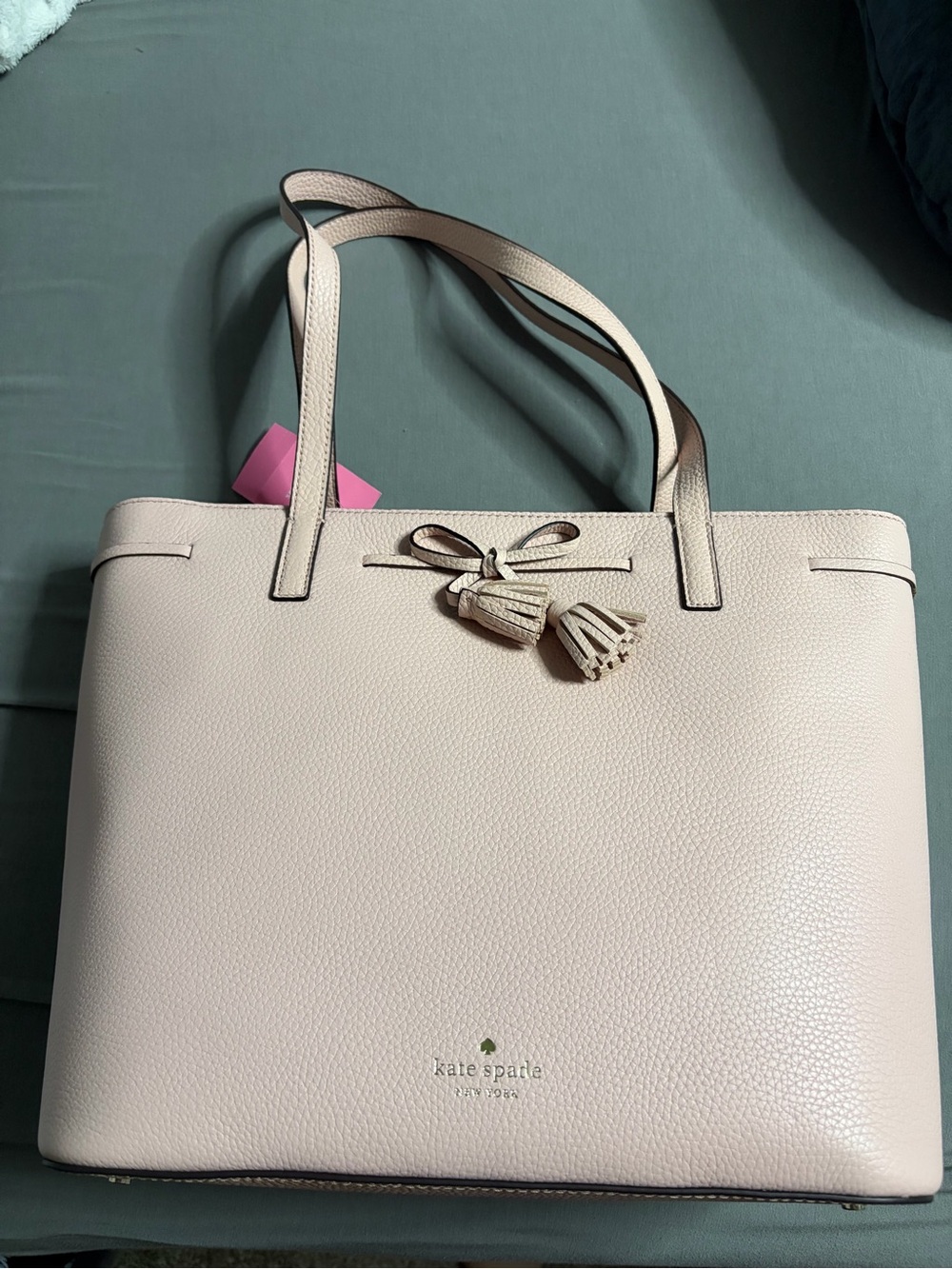 Kate Spade Pebbled Leather Tote in Rose Smoke with Tassel Bow and Gold Hardware